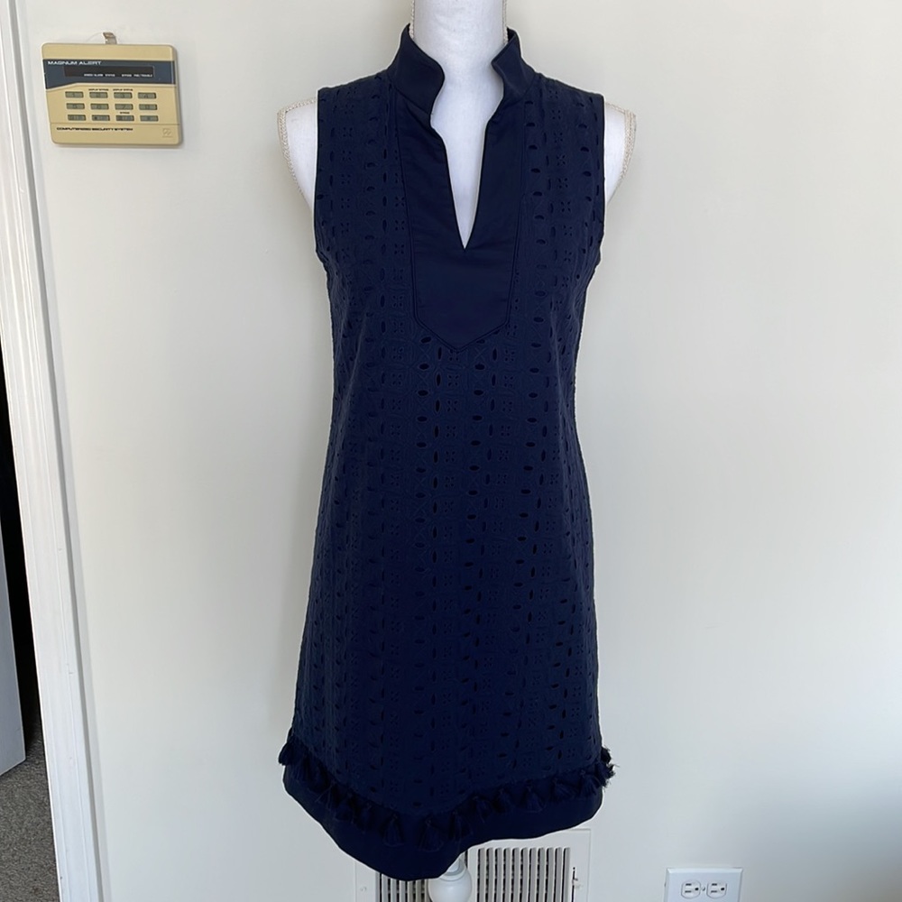 Eliza J Sleeveless Mandarin Collar Eyelet Shift Dress in Navy US4